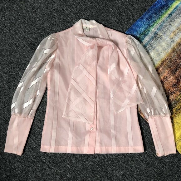 Vintage Tops - Vintage 70s Sheer Light Pink Pussy Bow Blouse